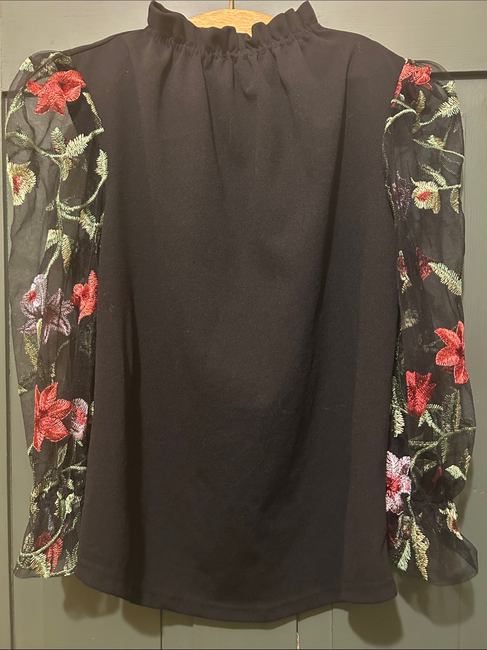 Black Blouse with Embroidered Floral Sheer Sleeves